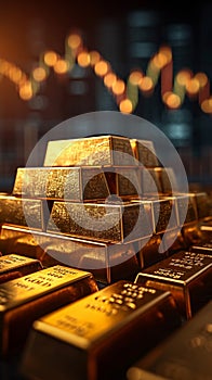 view Investment strategy gold bars on a table, paired with stock chart