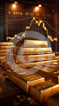 view Investment strategy gold bars on a table, paired with stock chart