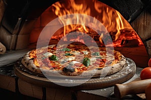 view Irresistible aroma Gourmet pizza freshly baked in a brick oven