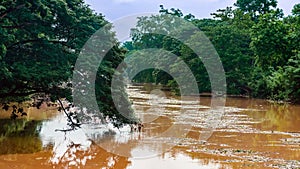 View of irrigation canal with weeds and debris flowing together with strong flowing dirty brown water due to soil and mud from photo