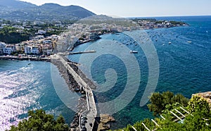 View of Ischia and the bridge of the Aragonese castle of Ischia