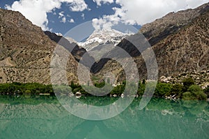 View on Iskander Kul blue mountain lake in the Fan mountains, Tajikistan