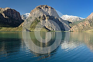 View on Iskander Kul blue mountain lake in the Fan mountains, Tajikistan