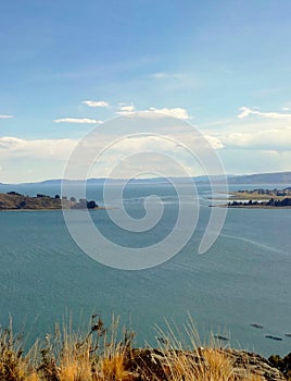 View from Isla del Sol (Island of the Sun), across Lake Titicaca towards mainland. Bolivia