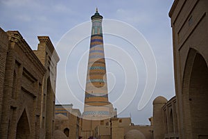 View of the Islam Khoja Minaret in Khiva Uzbekistan