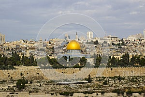 A view of the Islamic Dome of the Rock mosque from the ancient Mount of Olives situated to the East of the old city of Jerusalem