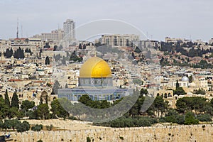 A view of the Islamic Dome of the Rock mosque from the ancient Mount of Olives situated to the East of the old city of Jerusalem