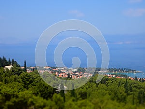 View from Island Brac, Croatia, Europe. Seaview, Adriatic, Horizon and Trees in Tiltshift