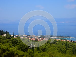 View from Island Brac, Croatia, Europe. Seaview, Adriatic, Horizon and Trees in Tiltshift photo