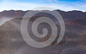 View Island with Catholic Church in Bled Lake. Bled is one of the most amazing tourist attractions in Slovenia. Concept Winter Lan