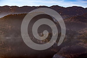 View Island with Catholic Church in Bled Lake. Bled is one of the most amazing tourist attractions in Slovenia. Concept Winter Lan