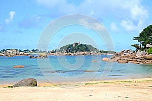 View at the Island CostaÃ©rÃ¨s with its castle, Pink Granite Coast or Cote de Granite Rose in Brittany, France