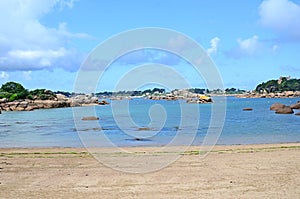 View at the Island CostaÃ©rÃ¨s with its castle, Pink Granite Coast or Cote de Granite Rose in Brittany, France