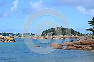 View at the Island CostaÃ©rÃ¨s with its castle, Pink Granite Coast or Cote de Granite Rose in Brittany, France