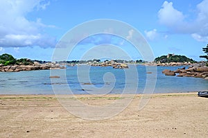 View at the Island CostaÃ©rÃ¨s with its castle, Pink Granite Coast or Cote de Granite Rose in Brittany, France