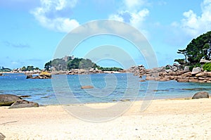 View at the Island CostaÃ©rÃ¨s with its castle, Pink Granite Coast or Cote de Granite Rose in Brittany, France