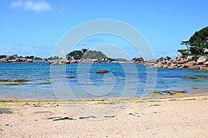 View at the Island CostaÃ©rÃ¨s with its castle, Pink Granite Coast or Cote de Granite Rose in Brittany, France