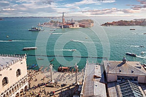 View of the island of San Giorgio Maggiore from the Campanile of San Marco square, Venice, Italy