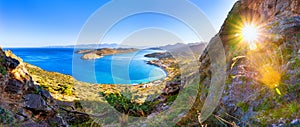 View of the island of Spinalonga with calm sea. Here were lepers, humans with the Hansen`s desease, gulf of Elounda.