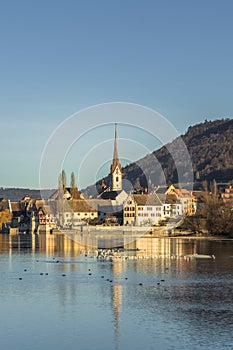 View from the island of Werd across the Rhine to the old town of Stein am Rhein, Switzerland