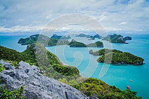 View of Islands and cloudy sky from viewpoint of Mu Ko Ang Thong National Marine Park near Ko Samui in Gulf of Thailand