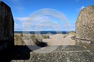 View of Isle of Arran Through Parapet Wall at Ayr Seafront Scotland