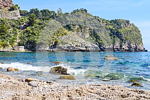 View of Isola Bella beach in Taormina, Sicily, Italy