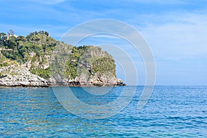 View of Isola Bella beach in Taormina, Sicily, Italy