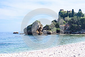 View of Isola Bella beach in Taormina, Sicily, Italy