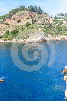 View of Isola Bella beach in Taormina, Sicily, Italy