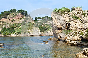 View of Isola Bella beach in Taormina, Sicily, Italy