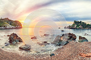 View of Isola Bella island and beach in Taormina