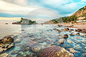 View of Isola Bella island and beach in Taormina