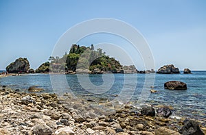 View of Isola Bella island and beach - Taormina, Sicily, Italy