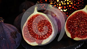 View on isolated raw ripe fig half with group of figs on black slate stone illuminated by oriental candle lamp (fo