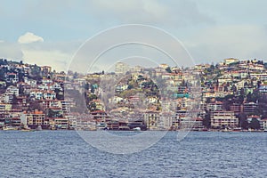 View of Istanbul and Bosphorus, Turkey. Sea front town houses