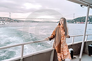 View of Istanbul cityscape floating tourist boats in Bosphorus ,Istanbul