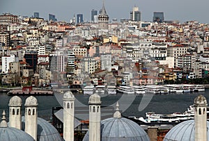 View of Istanbul with Galata tower, Golden Horn Bay with boats and towers of the roof of Suleymaniye Mosque