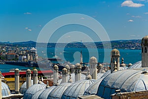 View of Istanbul from Suleymaniye mosque in Istanbull, Turkey on a sunny day with blue sky