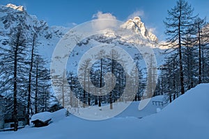 View Italian Alps and Matterhorn Peak in December, Breuil-Cervinia, Valle d`Aosta, Italy