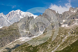 View of the Italian Alps from the Skyway Monte Bianco cable car that goes up from Courmayeur to Pointe Helbronner