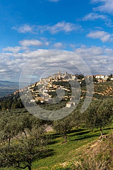 view of the Italian hilltop village of Trevi in the Umbria Region