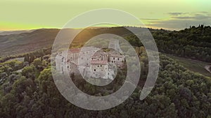 The view at italian town from a flying drone, Vignoni Alto Italy