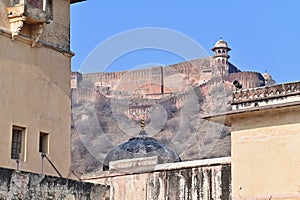 View of Jaigarh Fort from Amer Fort or Amber Palace in Jaipur, Rajasthan