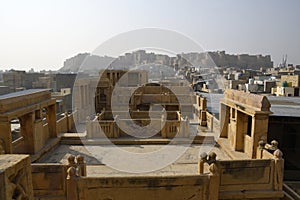 View of Jaisalmer Golden Fort  from roof top of Kothari`s Patwon ki Haveli, Jaisalmer, Rajasthan, India