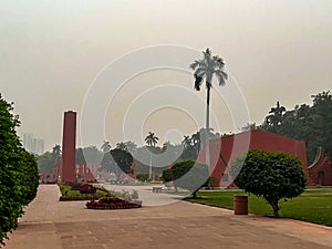 The view of Jantar Mantar observatory in Delhi on a smoggy day