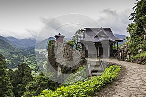 View of japanese buddhist temple in Yamadera with beautiful land