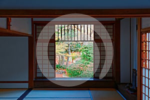 View of a Japanese courtyard garden through the sliding screen doors shoji of a room in Genko-an
