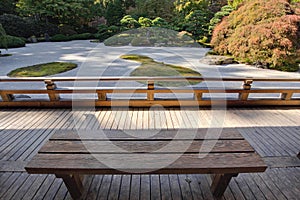 View of Japanese Sand Garden from Wooden Bench