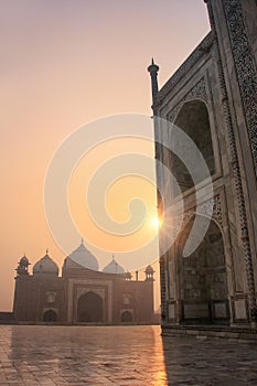 View of jawab from Taj Mahal base at sunrise, Agra, Uttar Pradesh, India